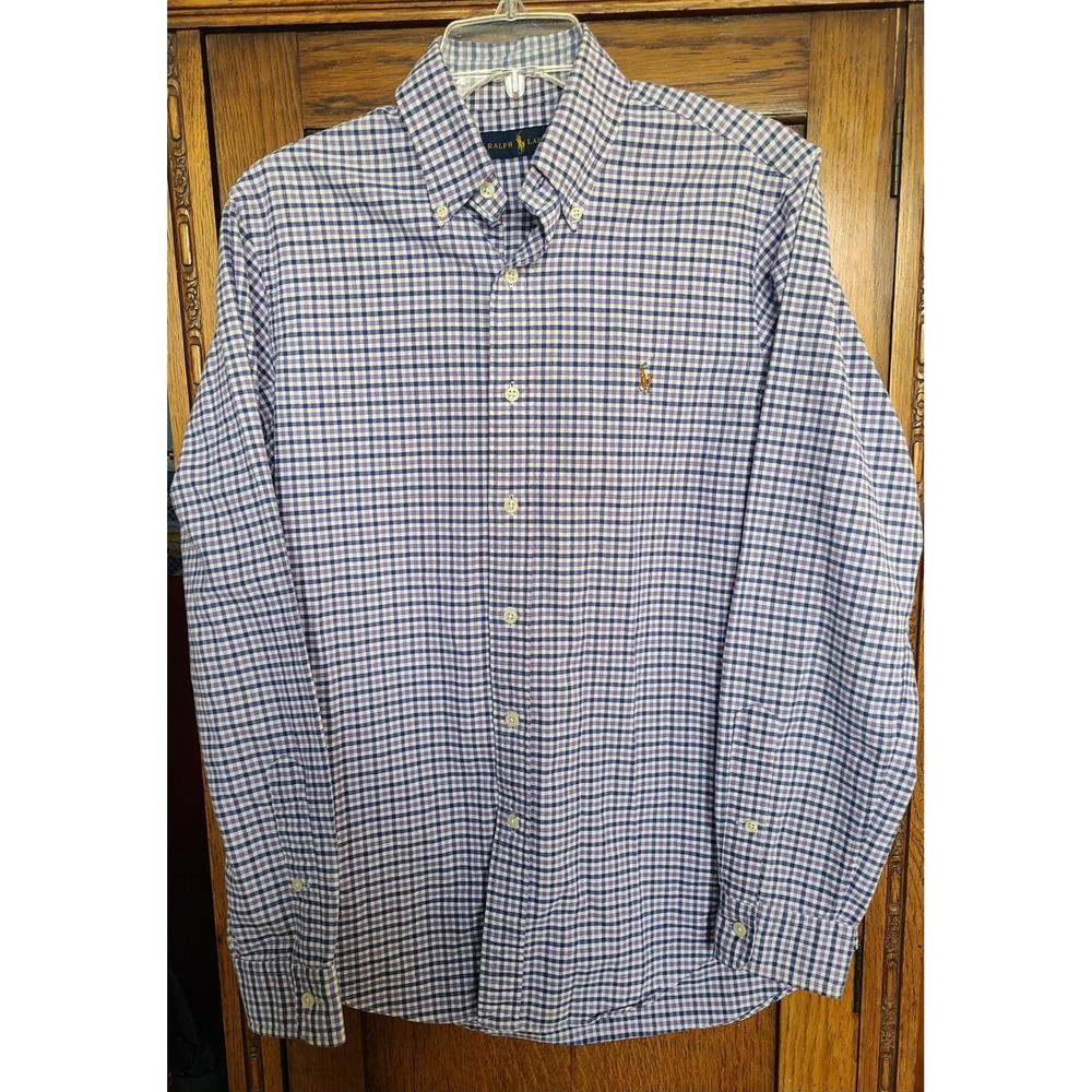 Polo Ralph Lauren Mens Gingham Button Down Shirt Purple Blue Cotton Small - Picture 2 of 9